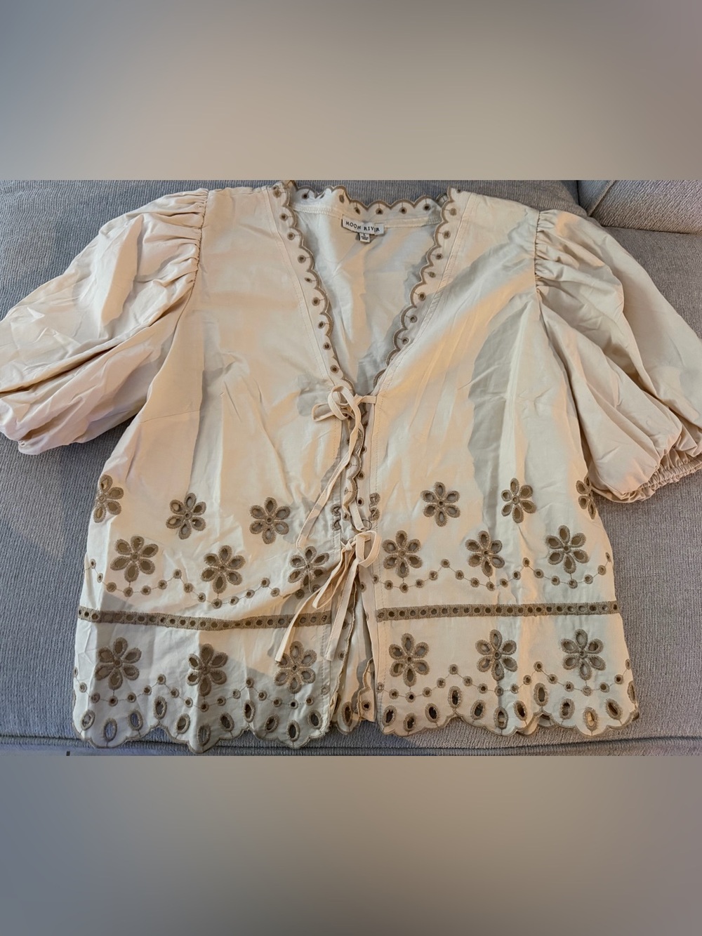 Moon River Cream Floral Embroidered Tie-Front Top